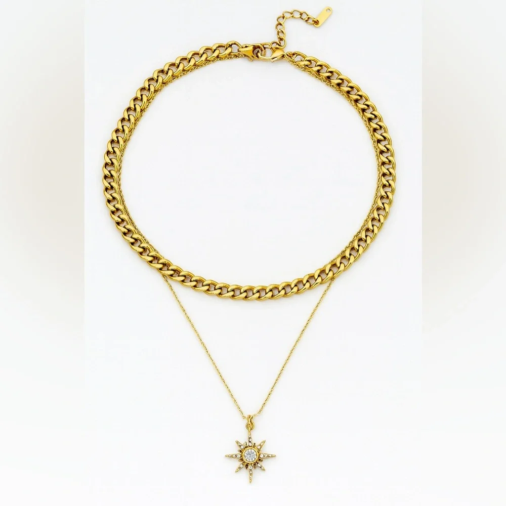 NEW 18K GOLD PLATED LUX SET “SOLÉA” – CUBAN + STARBURST PENDANT